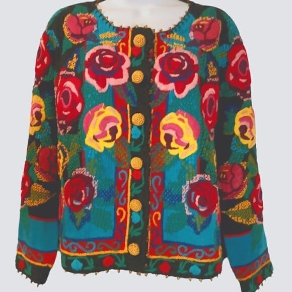 Michael Simon colorful vintage bright floral embroidered cardigan sweater size L - Picture 1 of 10